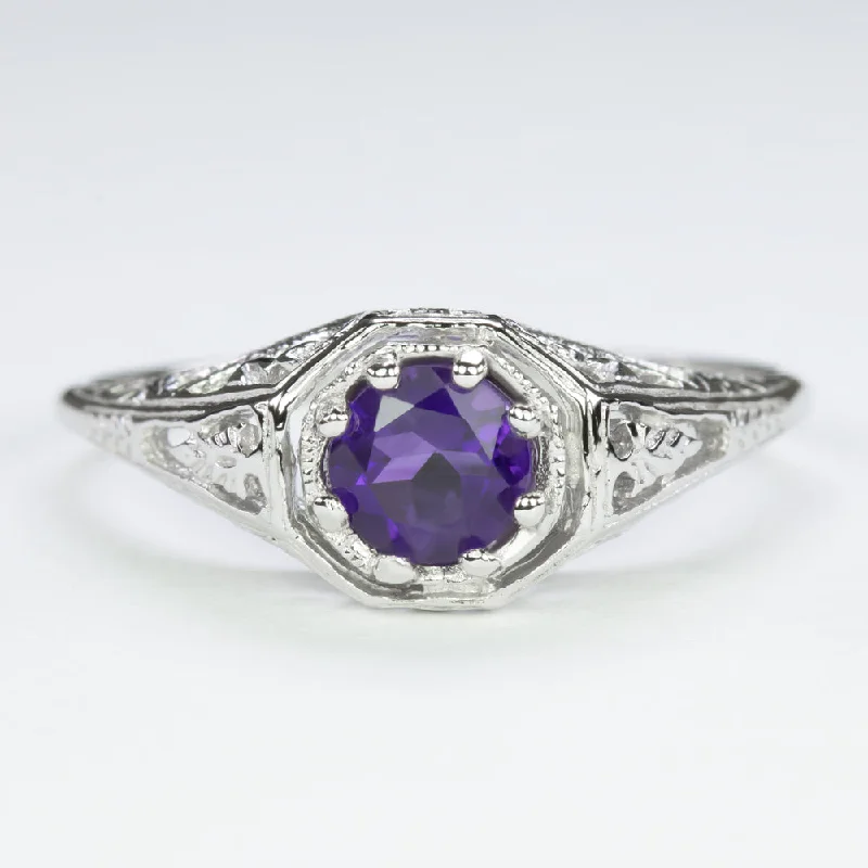 AMETHYST STERLING SILVER RING VINTAGE STYLE ROUND GEMSTONE FILIGREE SOLITAIRE