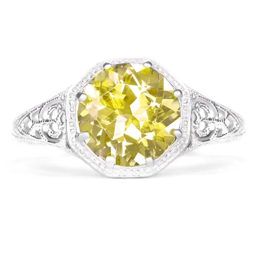 CITRINE STERLING SILVER VINTAGE STYLE SOLITAIRE RING ART DECO FILIGREE YELLOW