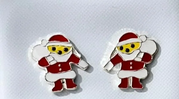 Silver Enamel Santa With Sack Stud Earring