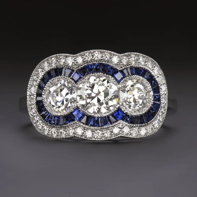 1.82ctw OLD EUROPEAN DIAMOND COCKTAIL RING ART DECO VINTAGE STYLE SAPPHIRE HALO