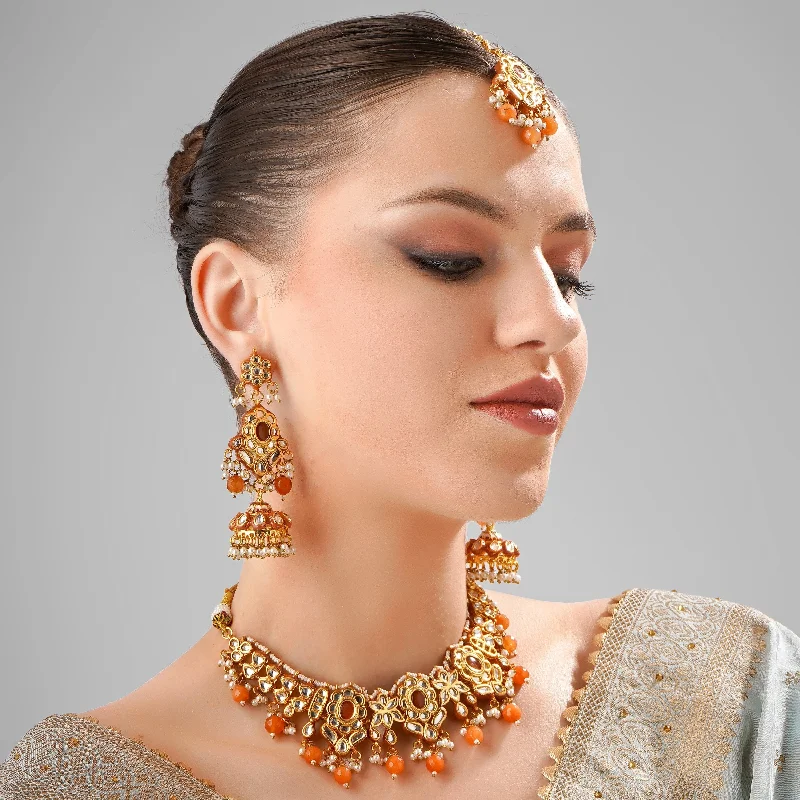 ORANGE KUNDAN MEENAKARI GOLD PLATED NECKLACE SET