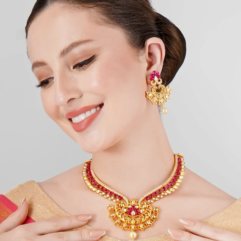 RUBY KEMPU STONE CZ & KUNDAN FUSION NECKLACE SET