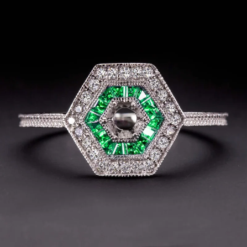 DIAMOND EMERALD VINTAGE RING SETTING ROUND 4m ART DECO STYLE SEMI MOUNT ANTIQUE