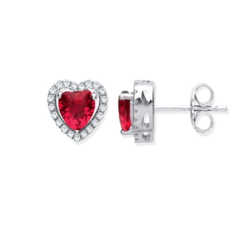 Silver Red CZ Halo Heart Stud Earrings