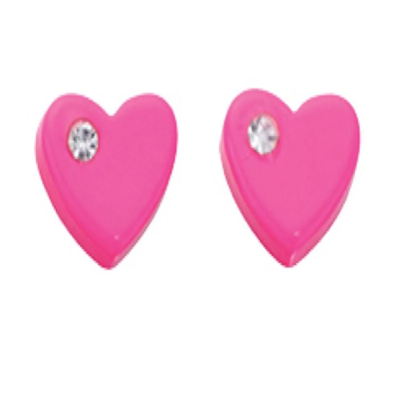 Pink Heart Stud Earrings With Clear Crystal