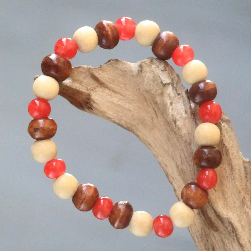 Red Connection Beaded Stretch Bracelet with Ceramic and Wood Beads