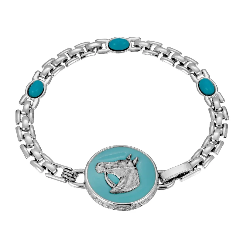 1928 Jewelry® Silver Tone Turquoise  Enamel Horse Head Bracelet