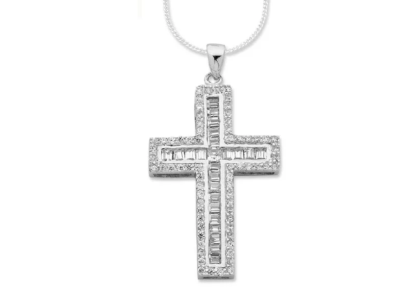 45cm Sterling Silver Cubic Zirconia Baguette Channel Cross Necklace