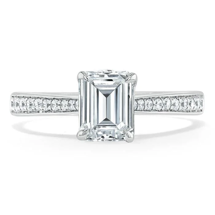 1.0 CT Emerald Cut Solitaire Channel Pave Moissanite Engagement Ring