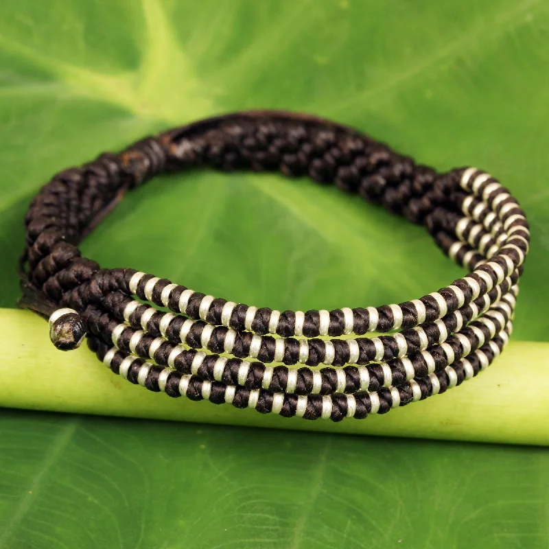 Chocolate Chiang Mai Quartet Thai Hill Tribe Silver Dark Brown Macrame Bracelet