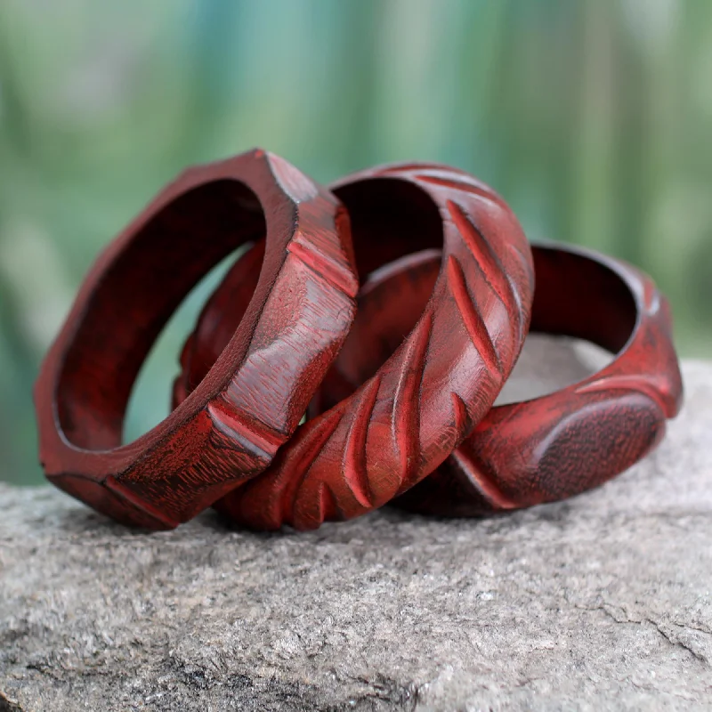 Indian Romance Hand Carved Mango Wood Bangle Bracelets India (Set of 3)