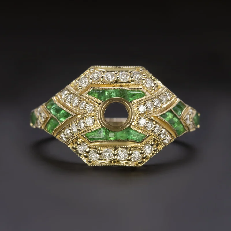 NATURAL DIAMOND EMERALD RING MOUNT SETTING VINTAGE STYLE ART DECO YELLOW GOLD