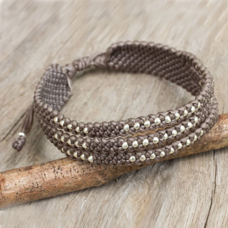 Starlight and Khaki Wristband Bracelet in Macrame with Silver 950 Beads