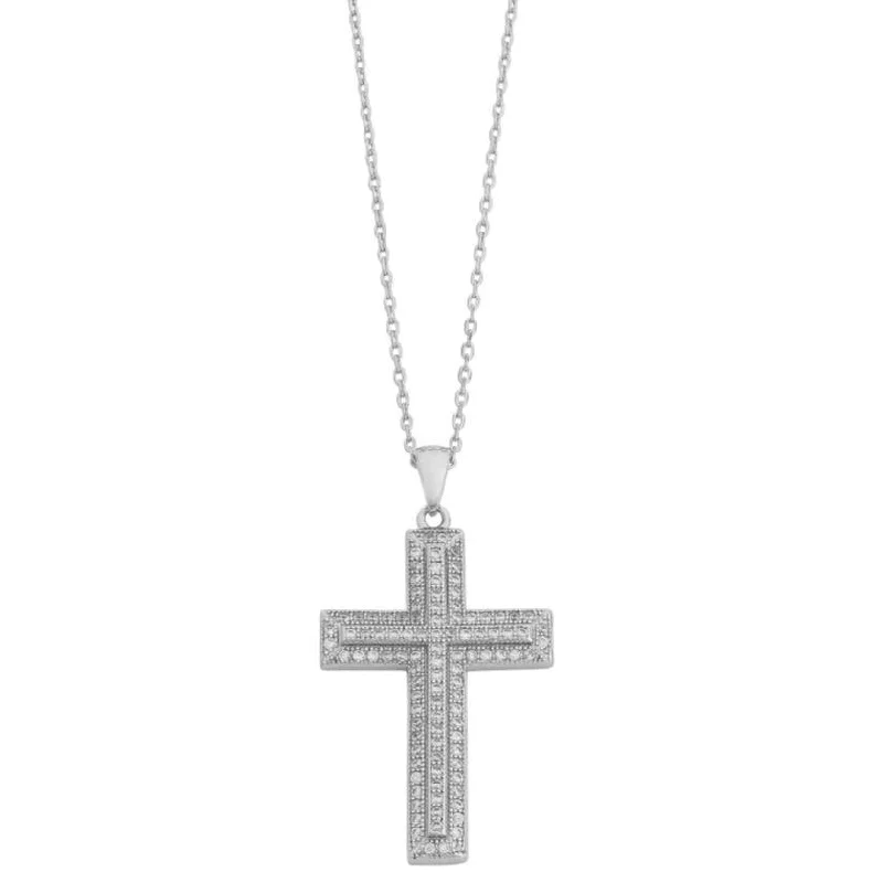 45cm Sterling Silver Cubic Zirconia 3 Row Cross Necklace