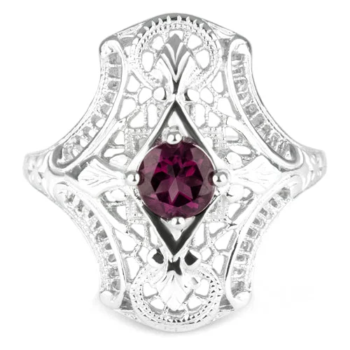 RHODOLITE GARNET STERLING SILVER VINTAGE STYLE COCKTAIL RING ART DECO FILIGREE