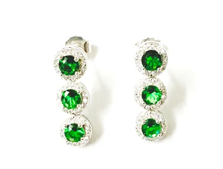 Emerald & Cubic Zirconia Stones Earrings - Sterling Silver