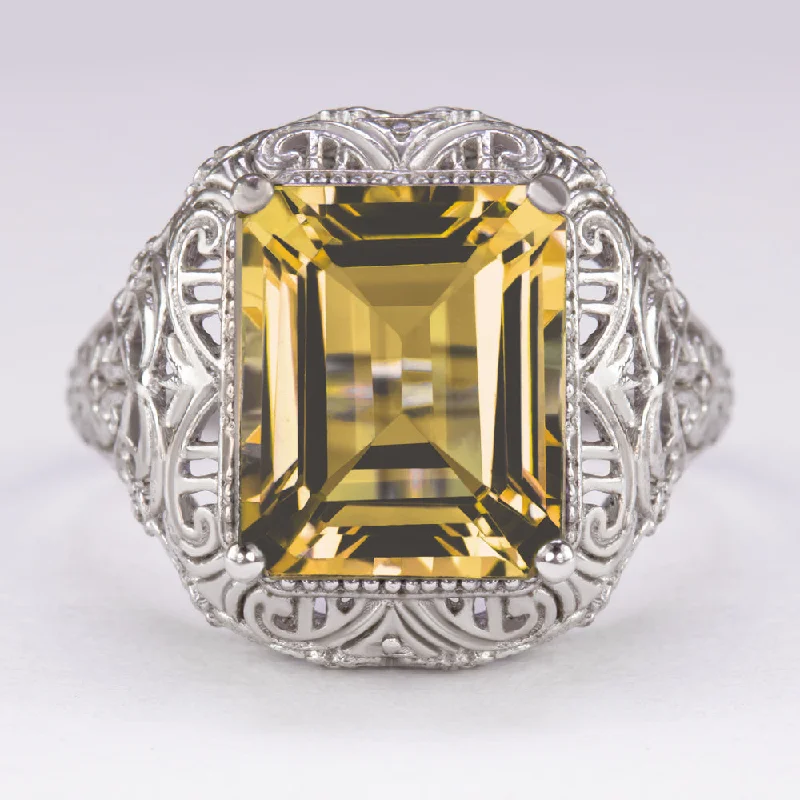 CITRINE VINTAGE STYLE RING STERLING SILVER ART DECO EMERALD CUT FILIGREE YELLOW