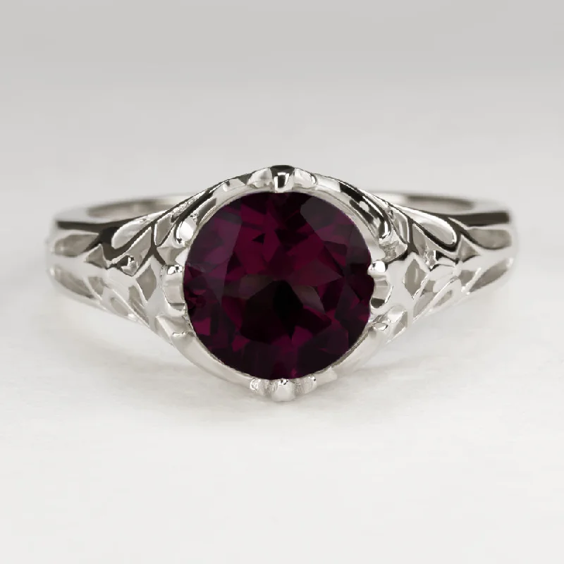 RHODOLITE GARNET STERLING SILVER RING VINTAGE STYLE SOLITAIRE ART DECO FILIGREE