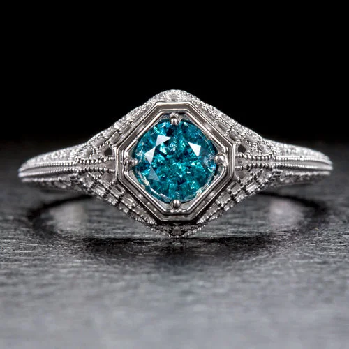 BLUE DIAMOND VINTAGE STYLE RING 14k WHITE GOLD ROUND CUT ART DECO FILIGREE TEAL