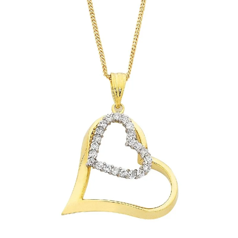 9ct Yellow Gold Silver Infused and Cubic Zirconia Double Heart Pendant