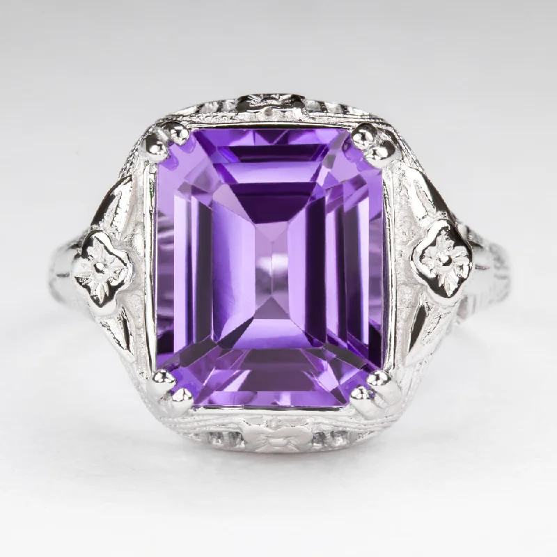 AMETHYST STERLING SILVER VINTAGE STYLE RING ART DECO EMERALD CUT FILIGREE PURPLE