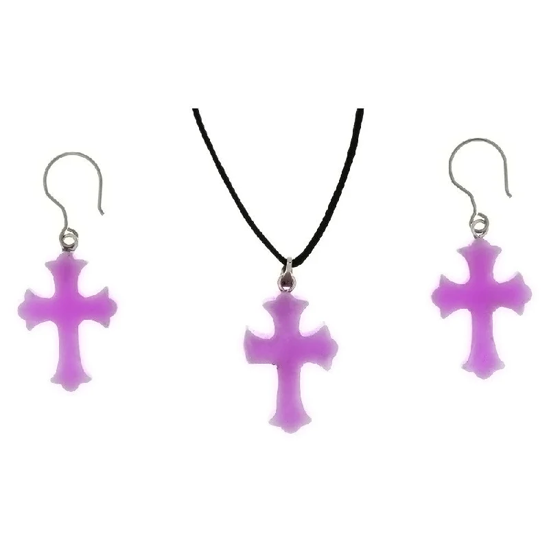 SET CORDED GEMSTONE PURPLE JADE CROSS EARRING & NECKLACE