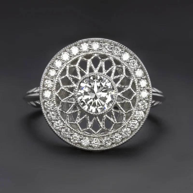 1/2 CARAT G-H SI1 DIAMOND VINTAGE STYLE COCKTAIL RING FILIGREE HALO WHITE GOLD