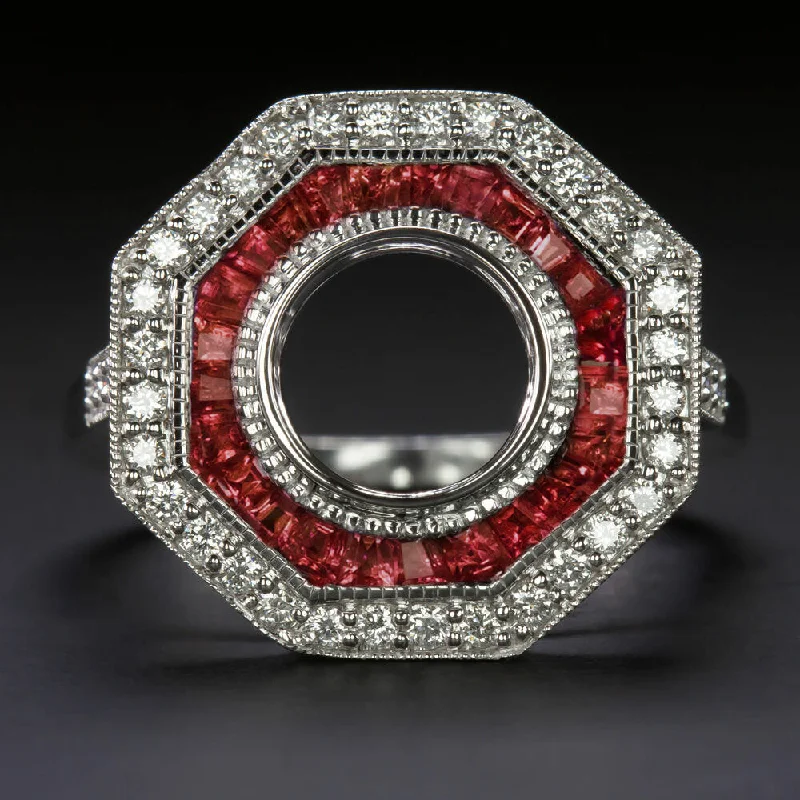 ART DECO SEMI MOUNT RED RUBY DIAMOND VINTAGE STYLE ROUND SETTING RING 7.5MM 14K