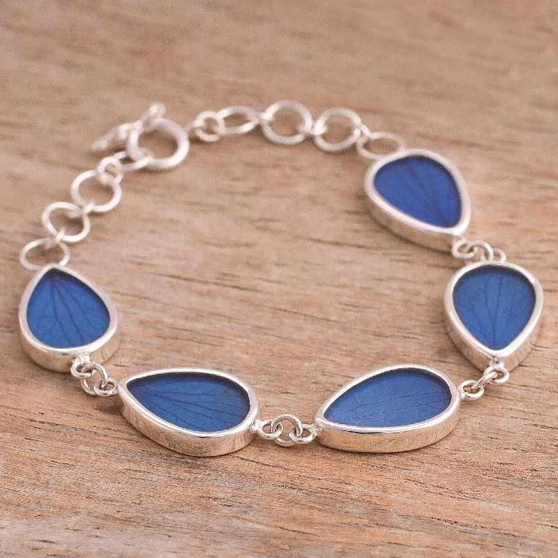 Petal Rain in Blue Blue Hydrangea Leaf Sterling Silver Teardrop Link Bracelet