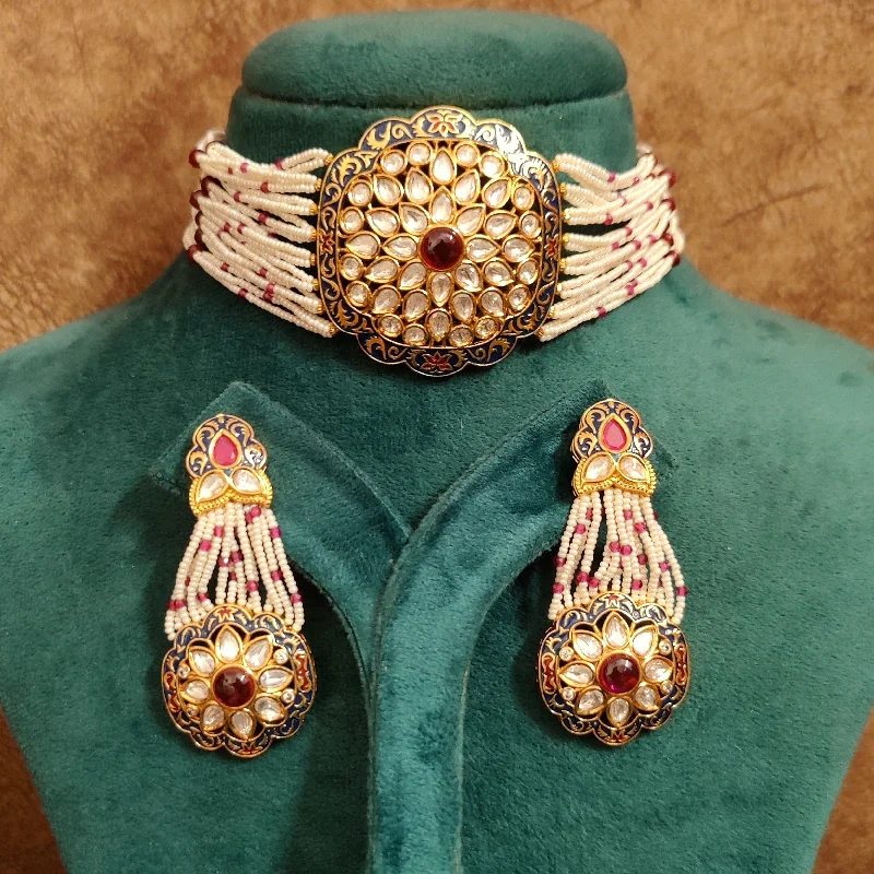 KUNDAN POLKI & PEARL RUBY CHOKER NECKLACE SET