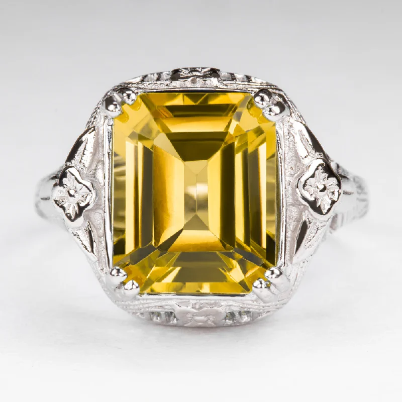 CITRINE STERLING SILVER VINTAGE STYLE RING ART DECO YELLOW EMERALD CUT FILIGREE