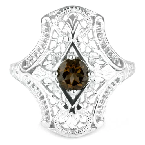 SMOKY QUARTZ STERLING SILVER VINTAGE STYLE COCKTAIL RING ART DECO FILIGREE GEM