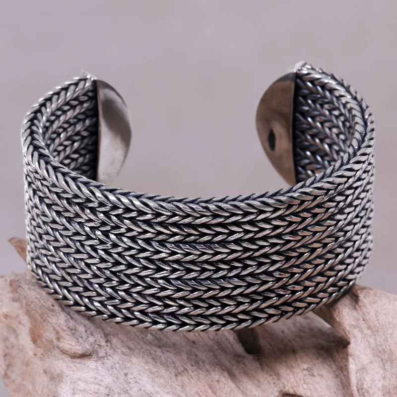 Horseshoe Braids Wide Textured Sterling Silver Cuff Bracelet from Bali