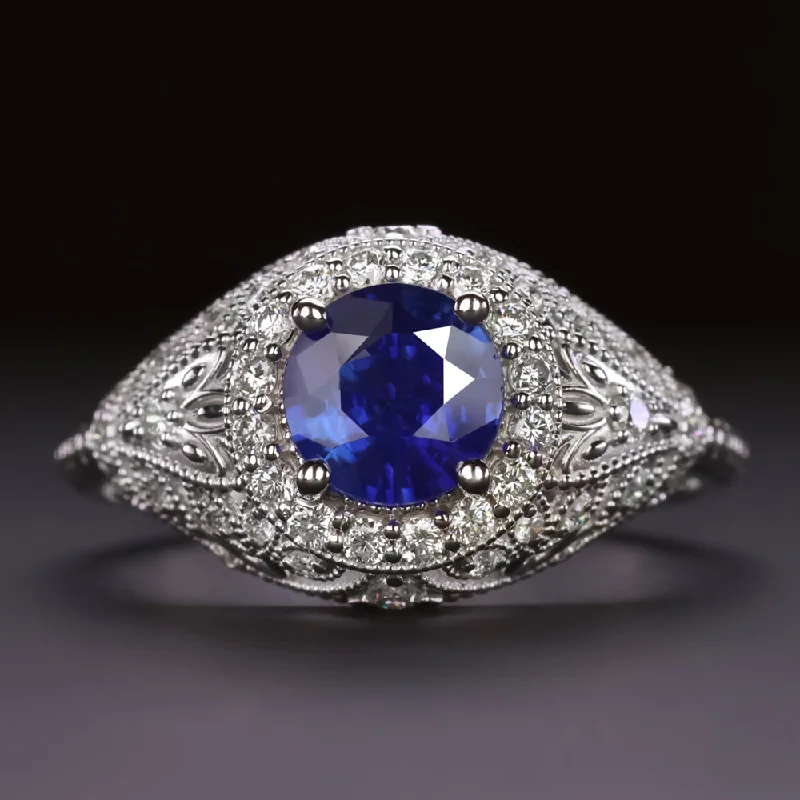 VINTAGE STYLE SAPPHIRE DIAMOND COCKTAIL RING FILIGREE DOME 14k WHITE GOLD ROUND