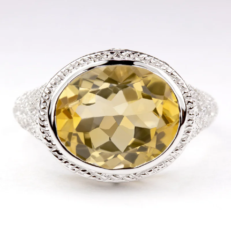 CITRINE STERLING SILVER RING VINTAGE STYLE EAST WEST OVAL FILIGREE YELLOW GEM