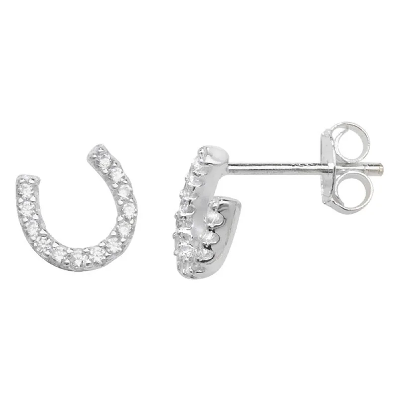 Horseshoe Stud CZ Earrings - Sterling Silver