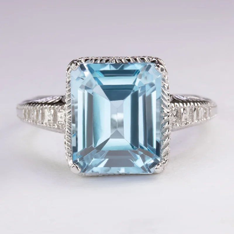 SKY BLUE TOPAZ VINTAGE STYLE RING STERLING SILVER ART DECO SOLITAIRE ENGRAVED