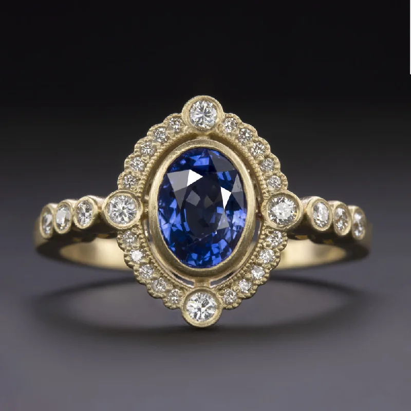 SAPPHIRE DIAMOND COCKTAIL RING VINTAGE STYLE 1.13ct SCALLOP HALO 14k YELLOW GOLD