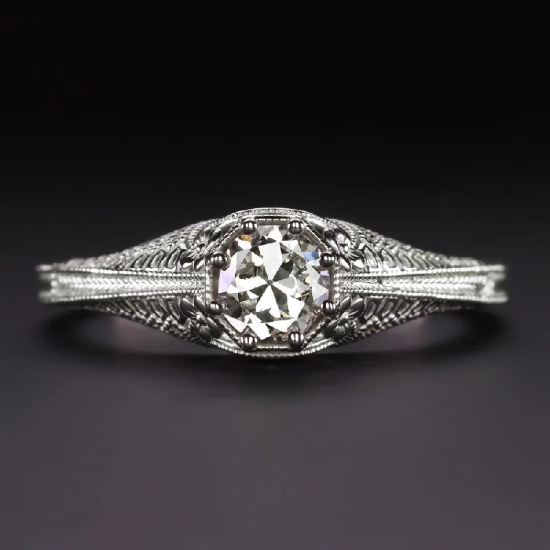 OLD EUROPEAN CUT DIAMOND SOLITAIRE RING VINTAGE STYLE FILIGREE 14k WHITE GOLD