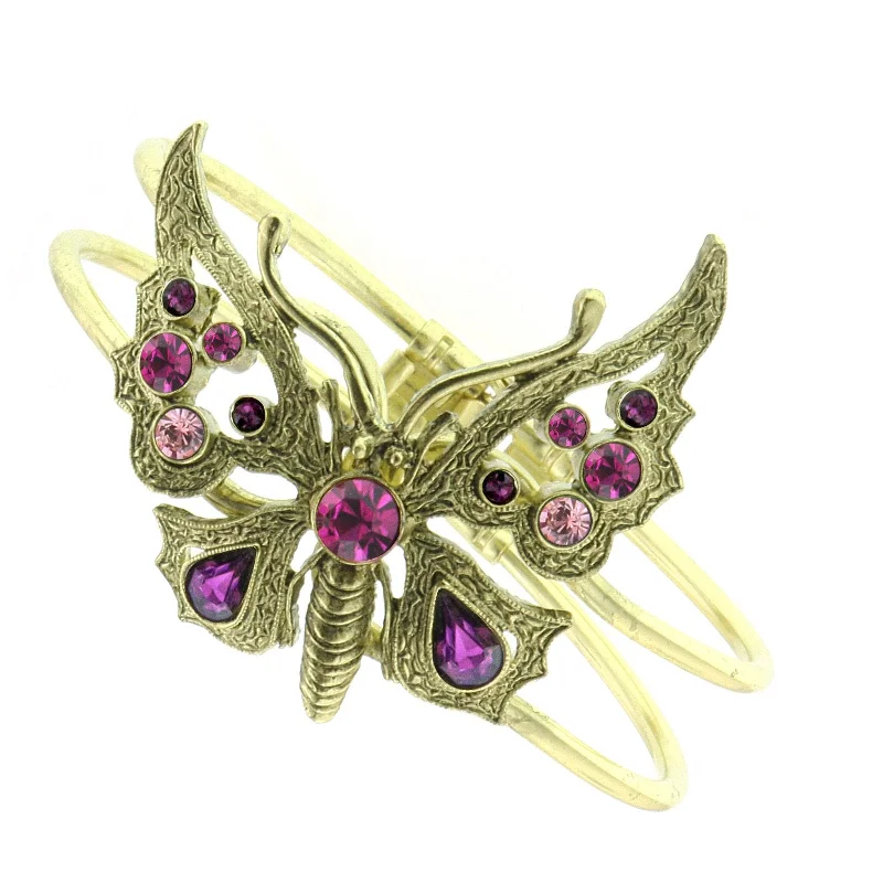 1928 Jewelry® Brass Amethyst/Fuchsia Butterfly Hinge Cuff Bracelet