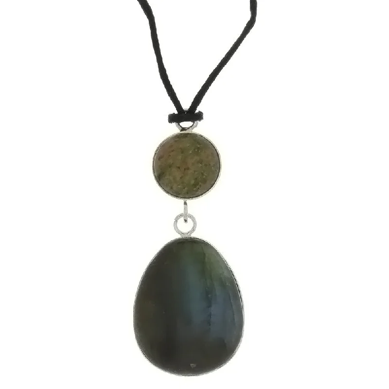 CORDED GEMSTONE LABRADORITE FREEFORM W/ UNAKITE NECKLACE