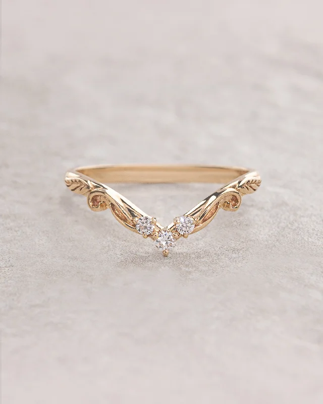 Curved leaf wedding band with three gemstones | matching wedding band for Adelina