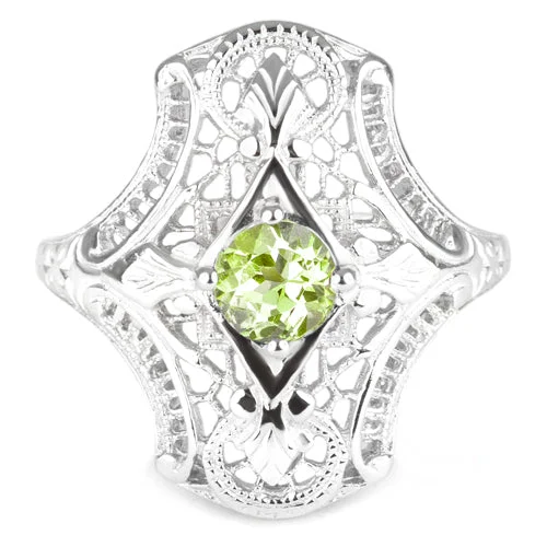 PERIDOT STERLING SILVER VINTAGE STYLE COCKTAIL RING ART DECO FILIGREE NAVETTE