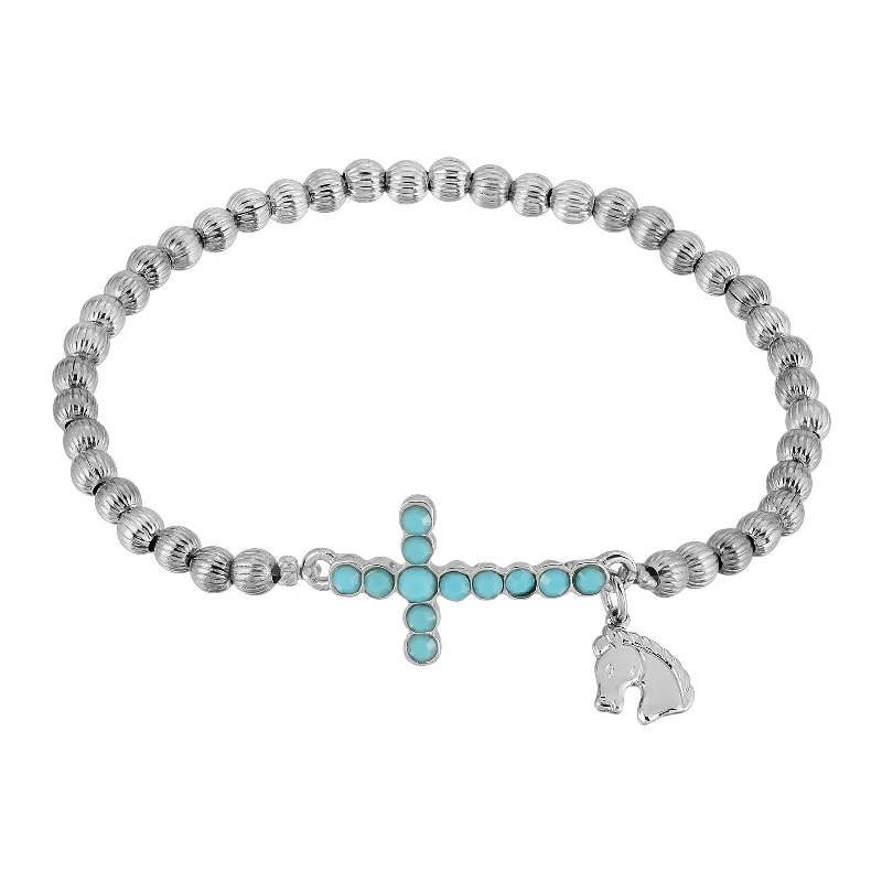 1928 Jewelry® Silver Tone Turquoise Cross Horse Charm Stretch Bracelet