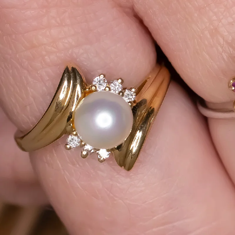 PEARL DIAMOND COCKTAIL RING 14k YELLOW GOLD ESTATE NATURAL BYPASS ANNIVERSARY