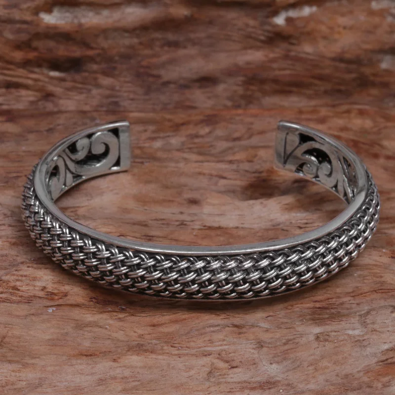 Woven Chains Hand Crafted Sterling Silver Cuff Bracelet from Indonesia