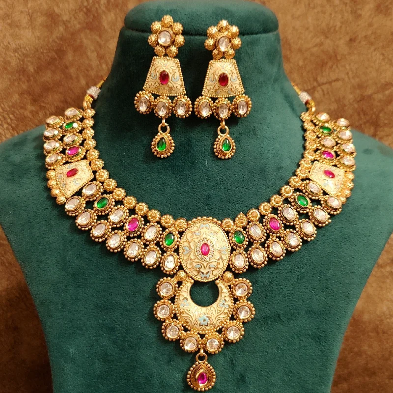 MULTICOLOUR KUNDAN POLKI MEENAKARI GOLD PLATED NECKLACE SET