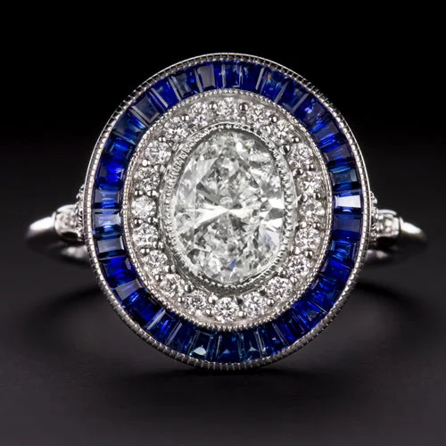 0.90ct E-F SI OVAL CUT DIAMOND SAPPHIRE COCKTAIL RING ART DECO VINTAGE STYLE