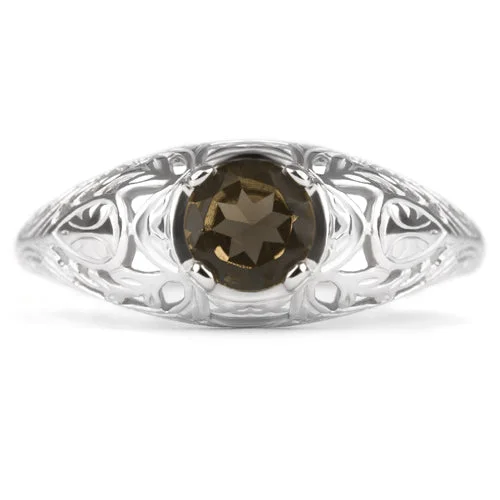 SMOKY QUARTZ STERLING SILVER VINTAGE STYLE SOLITAIRE RING FLORAL PROMISE NATURAL