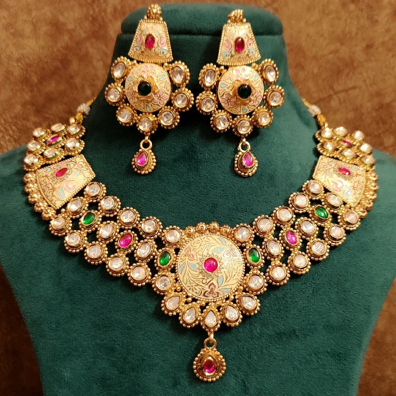 MULTICOLOUR KUNDAN POLKI MEENAKARI GOLD PLATED NECKLACE SET